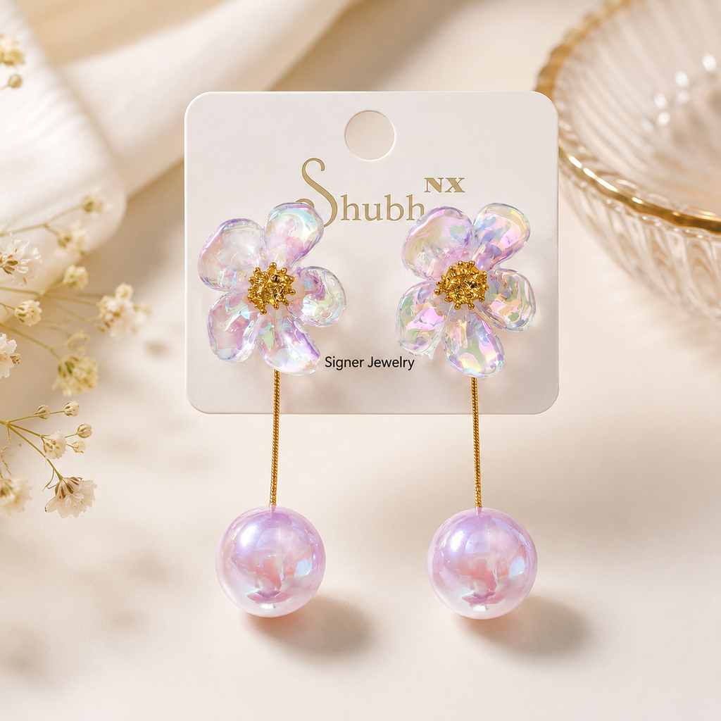 Beautiful Purple Flower Stud Pearl Drop Earrings
