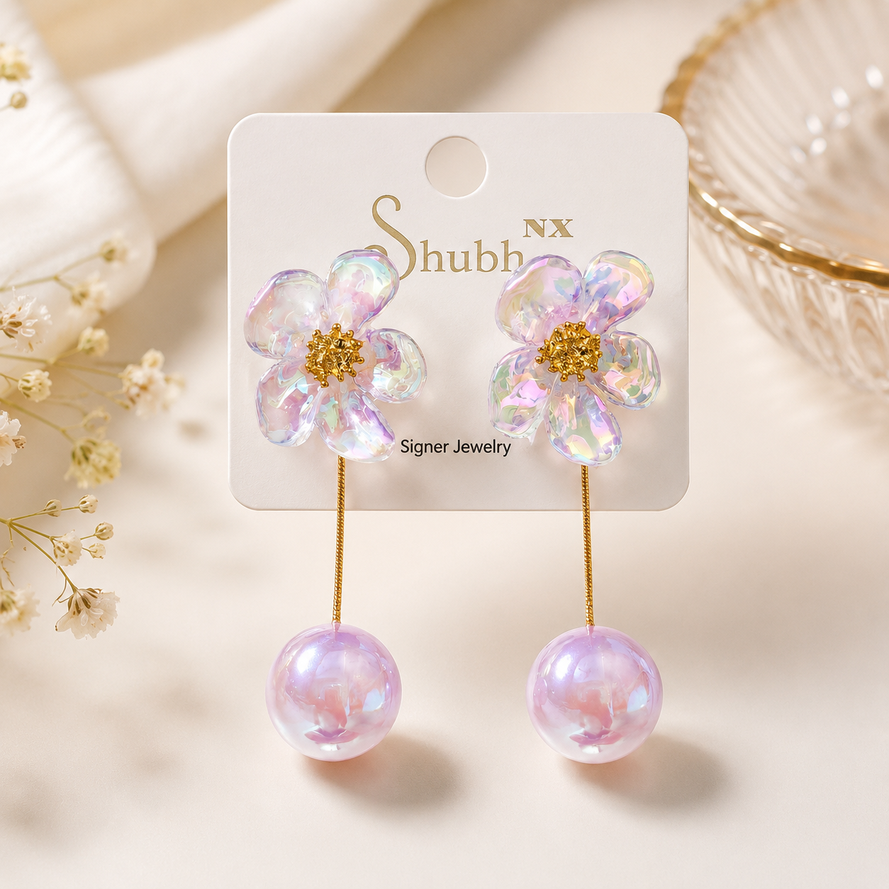 Beautiful Purple Flower Stud Pearl Drop Earrings