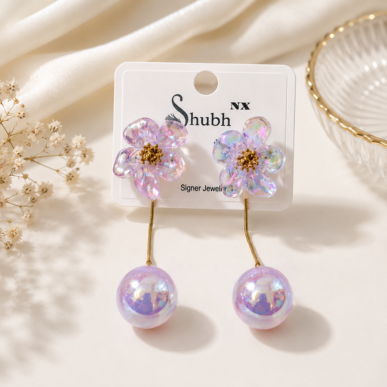Beautiful Purple Flower Stud Pearl Drop Earrings