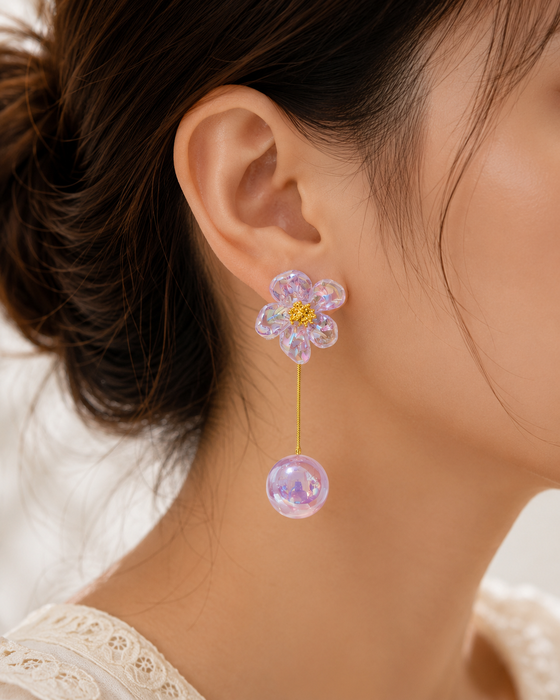 Beautiful Purple Flower Stud Pearl Drop Earrings