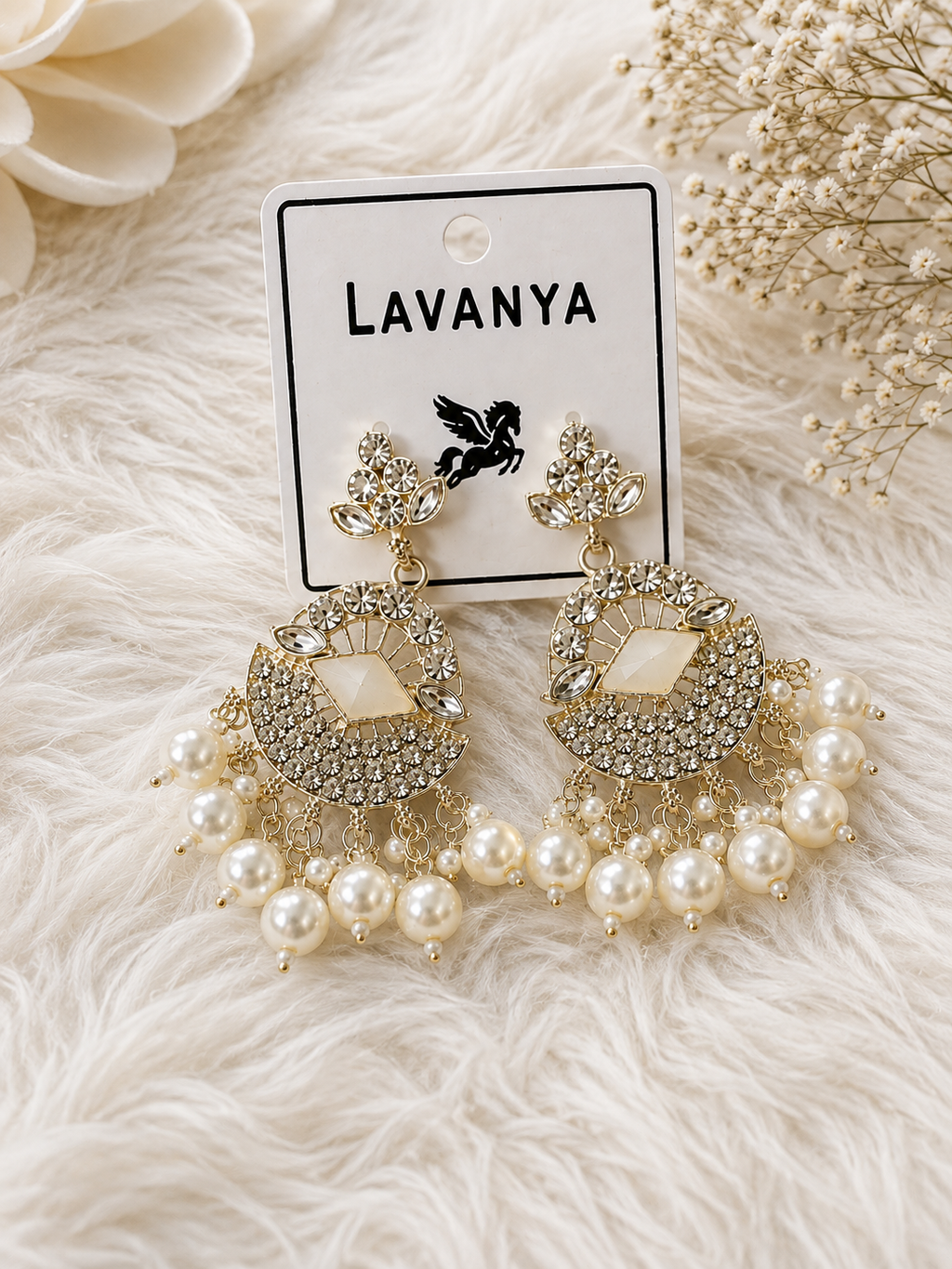 Elegant Pearl & Crystal Chandelier Earrings for Women | Cream Pearl Drop Earrings