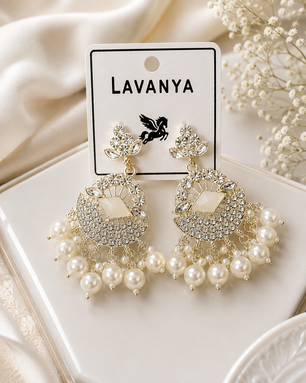 Elegant Pearl & Crystal Chandelier Earrings for Women | Cream Pearl Drop Earrings