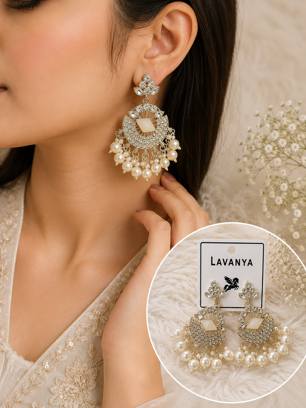 Elegant Pearl & Crystal Chandelier Earrings for Women | Cream Pearl Drop Earrings